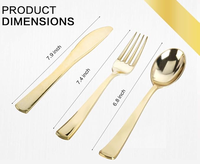 M MCIRCO 175 Piece Gold Dinnerware Set - 50 Plastic Plates, 25 Cups, 25 Pre Rolled Napkins with Plastic Silverware, Disposable Gold Dinnerware Set for 25 Guest