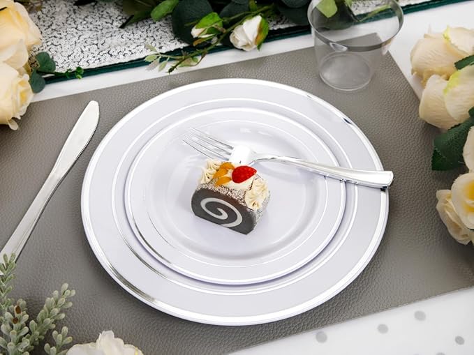 GATHER 176 Pieces Silver Plates - Disposable Silver Plastic Plates Includes 50 Plates, 75 Silverware, 25 Napkins, 25 Silver Rimmed Cups and 1 Tablecloth Perfect for Party & Weding & Christmas