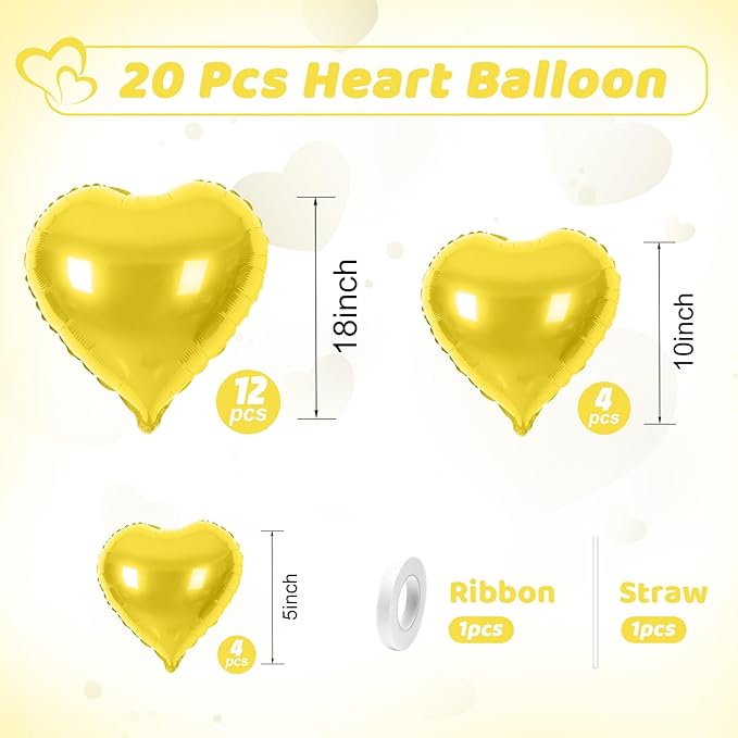 Gold Heart Balloons, Heart Shaped Ballons, 20 Pcs 5/10/18 inch Gold Foil Love Balloons for Valentine's Day Decorations Wedding Engagement Bridal Showers Anniversary Celebrations