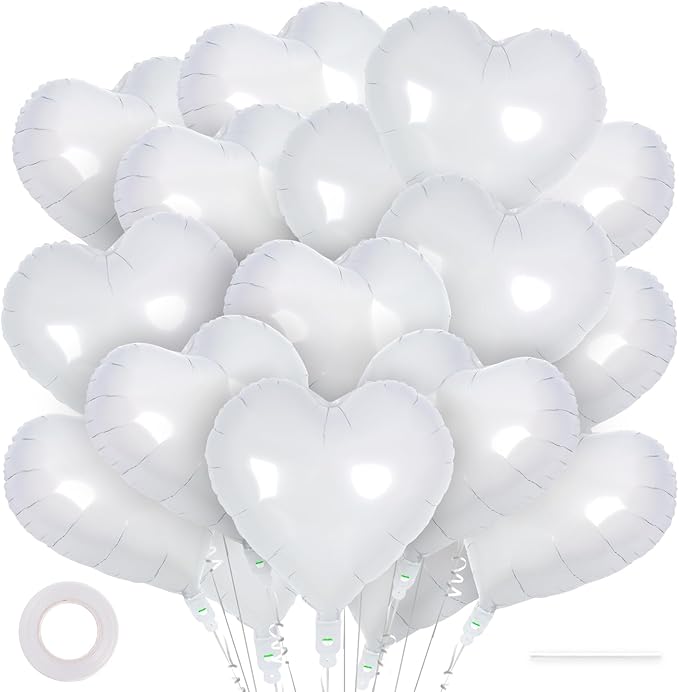 24 White Heart Balloons, 18 inch Heart Shape Foil Balloons for Love, Valentine, Birthday, Wedding, Engagement, Baby Shower & Valentine Day Decorations