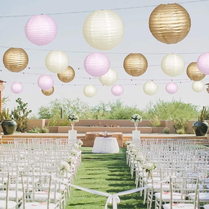 Paper Lanterns Decorative, Round Hanging Paper Lanterns Decorations for Wedding Engagement Baby Showers Birthday Party Supplies Pink/Gold/Ivory 15pcs