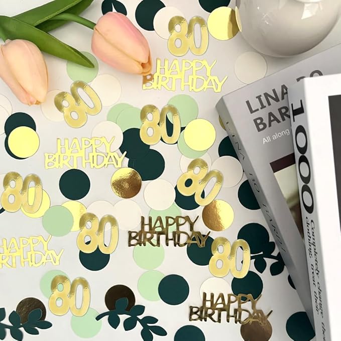 Sage Green 80th Happy Birthday Confetti, 80th Birthday Table Decorations Scatter Green Gold Foil Cake Confetti Decorations for 80 Bday Women Men Party Decor 230 Pcs