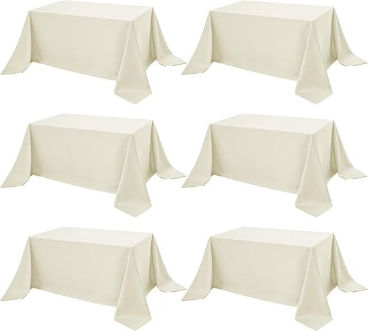 6-Pack Ivory Tablecloths for Rectangle Tables, 90 x 132 Inches, Stain-Resistant Polyester Fabric for 8 Foot Tables - Washable Table Covers for Weddings, Banquets, Birthday Parties, Events