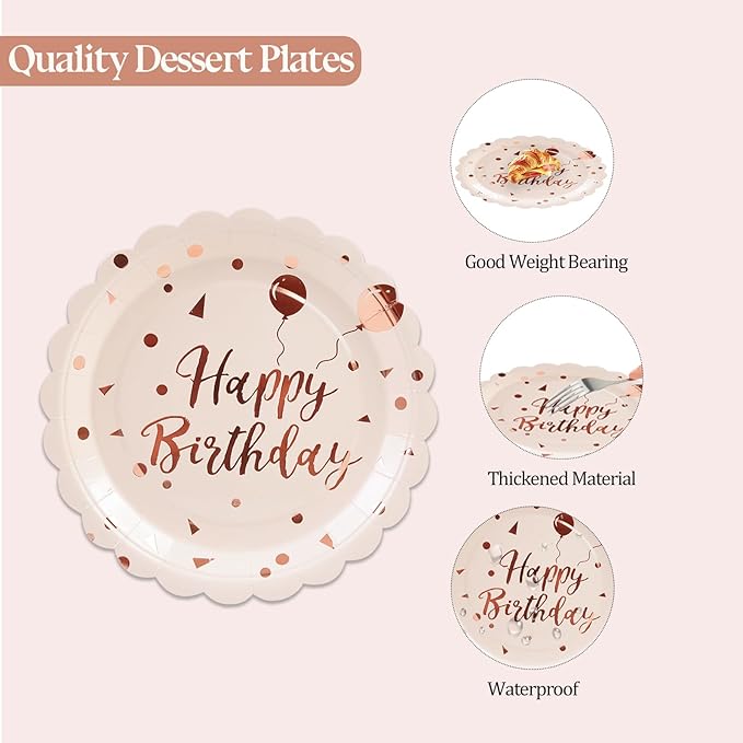 50PCS Happy Birthday Paper Plates and Napkins Set - 7 Inch Pink Rose Gold Birthday Cake Plates Scalloped Dessert Plate Disposable Tableware for Birthday's Party Supplies Decorations