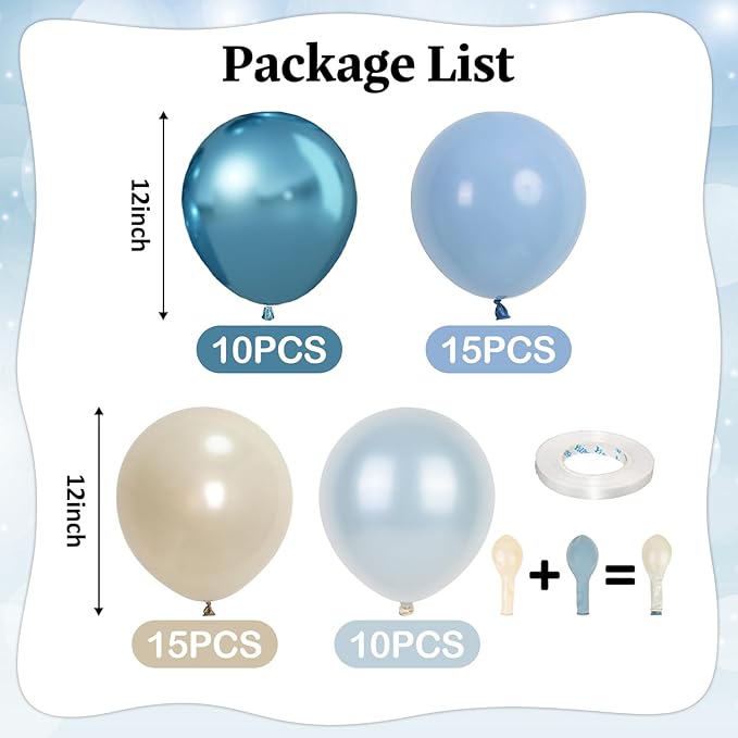 Dusty Blue White Balloons, Double Stuffed Pearl Light Baby Metallic Slate Blue Pearl Sand White Balloon, 50 Pcs Winter Wonderland Balloons for Baby Shower Birthday Bridal Shower Wedding Decorations