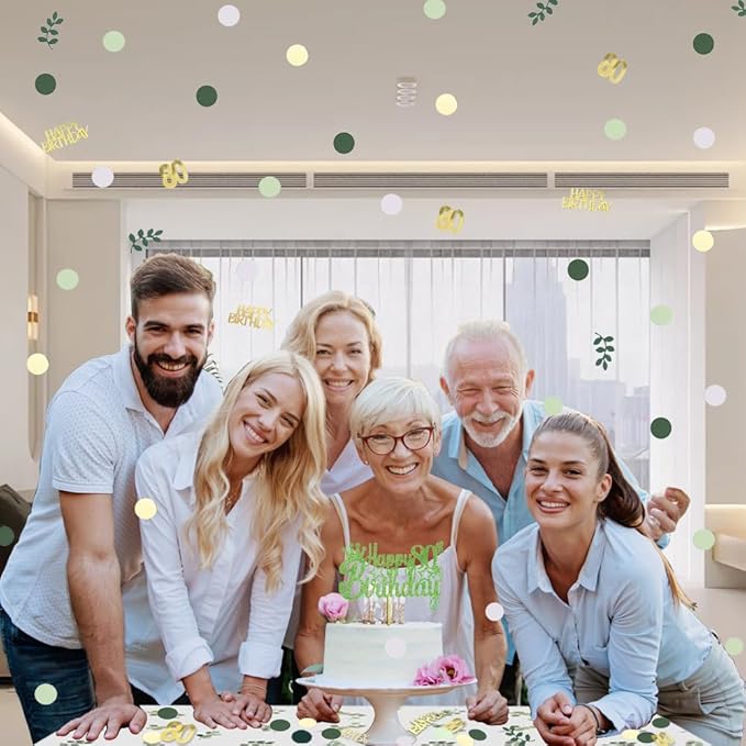 Sage Green 80th Happy Birthday Confetti, 80th Birthday Table Decorations Scatter Green Gold Foil Cake Confetti Decorations for 80 Bday Women Men Party Decor 230 Pcs