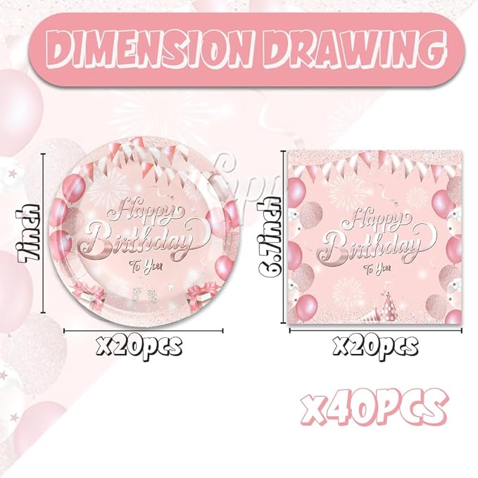 40Pcs Rose Gold Birthday Party Decorations Plates and Napkins Pink Happy Birthday Tableware Set for Girls Women Serve 20 Guests