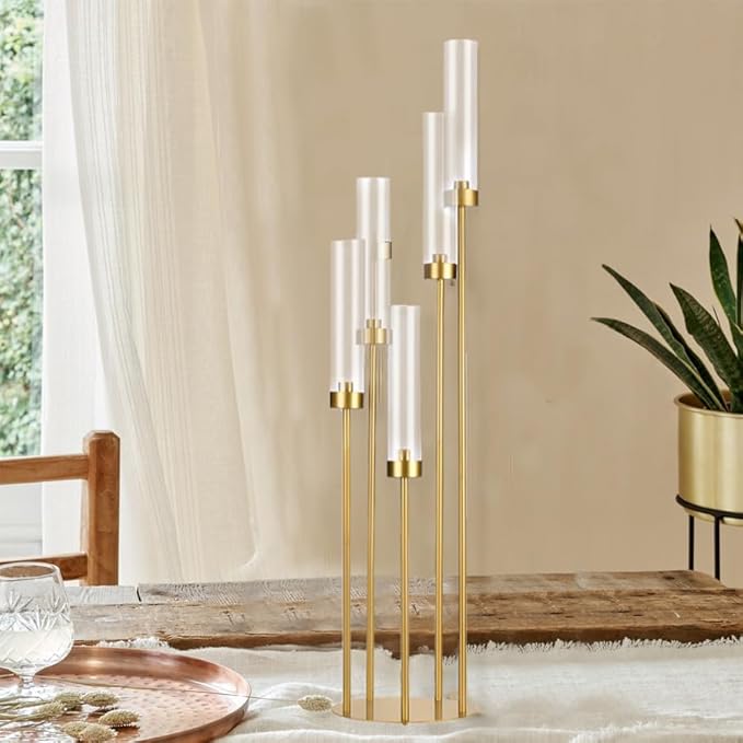 39.4'' Tall Gold Floor Candelabra，Set of 8PCS 5 Arm Candle Holder Tall Floor Candle Holder with Acrylic Lampshade for Wedding Table Birthday Party Home Decoration Fit LED Taper Candles