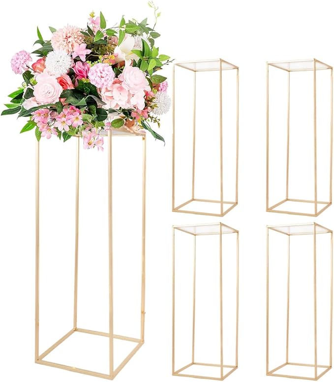 31.5Inch Gold Flower Stand Centerpieces for Wedding,Metal Column Geometric Flower Stand Tall Floor Vase for Table Decorations Event Home Party( 5pcs)