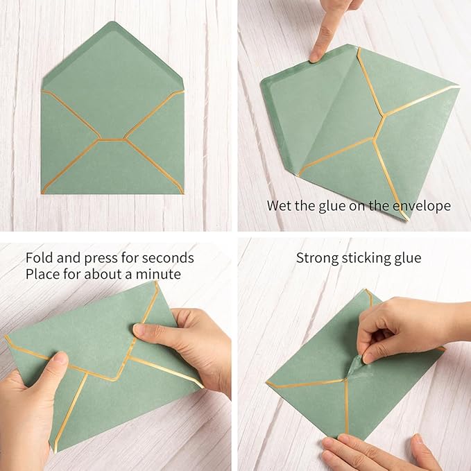 100 Pack A7 Envelopes 5 x 7 Card Envelopes V Flap with Gold Border for Office, Wedding Gift Cards, Invitations, Graduation, Baby Shower, Parties (Sage-Green, 5.32 x 7.28 Inches)