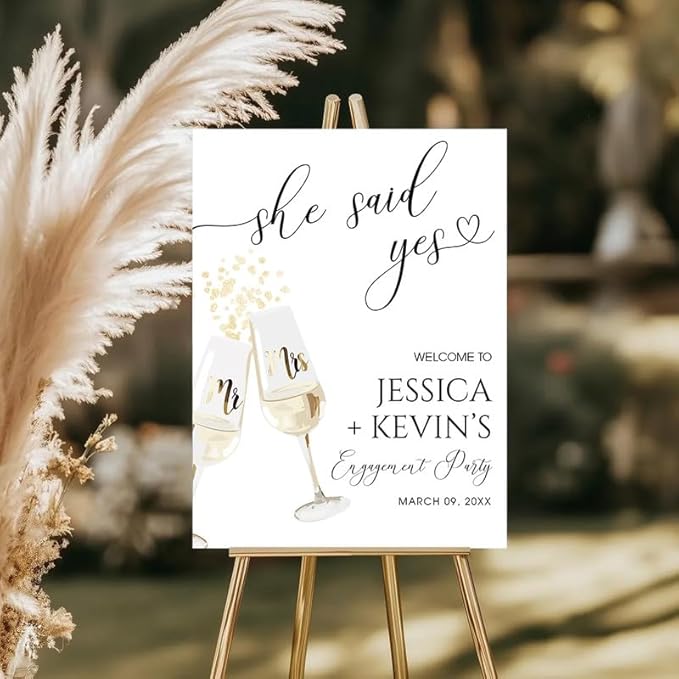 "She Said Yes!" Champagne Toast Welcome Sign - Gold Confetti & Glasses Engagement Party Décor