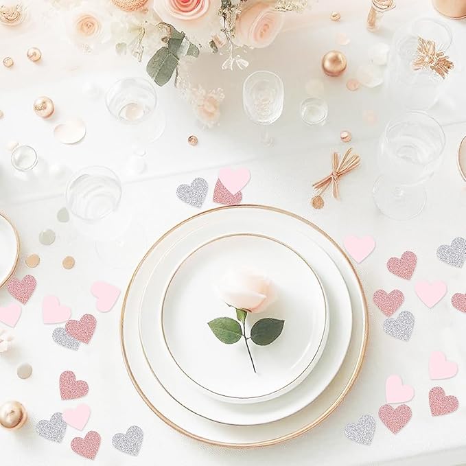 Rose Gold Pink Silver Party Decorations - 300pcs Paper Heart Confetti for Engagement Mothers Day Wedding Anniversary Romantic Bridal Shower Women Birthday Valentines Day Table Decor HongTongTong