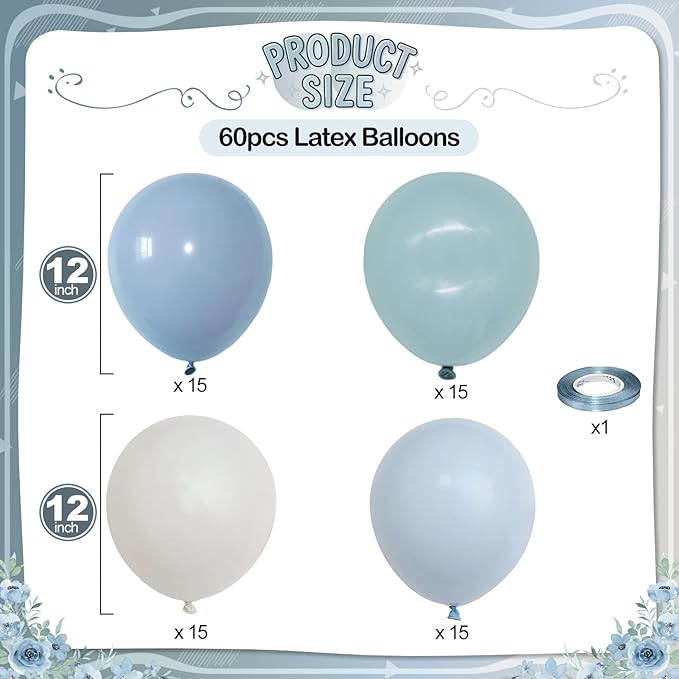 Dusty Blue Balloons, 60 Pcs 12 Inch Fog Slate Baby Blue Balloons with Matte White Latex Balloon for Baby Shower Birthday Bridal Shower Wedding Engagement Bachelorette Party Decorations Supplies
