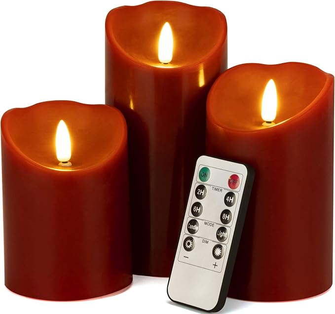 Flameless Candles with Remote, Battery Operated Christmas Candles with Timer Real Wax LED Flickering Fake Electric Candles for Christmas Party Home Decor, Set of 3 (Red)