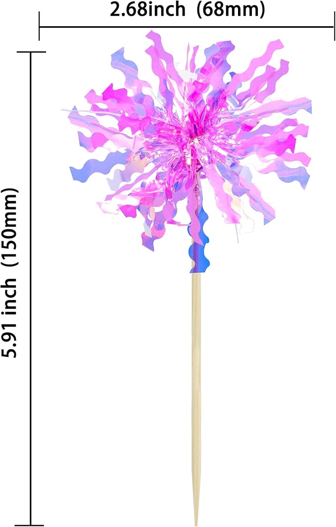 Gyufise 20Pcs Foil Firework Cupcake Toppers Happy Birthday Cake Toppers Sparkle Tinsel Flower Drink Stirrers Cocktail Food Fruit Toothpicks for Valentine's Day Party Supplies Rose Red