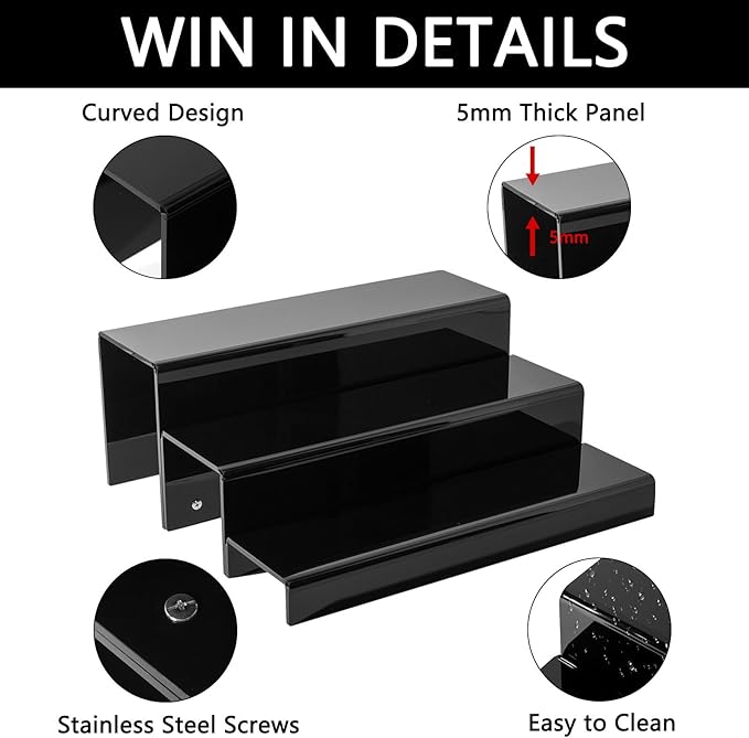 2 Pack Tiers Bar Shelves for Liquor Bottles, 15" Clear Acrylic Risers Display Racks Stands for Figures Pops Cupcake Perfume Collections (Black)