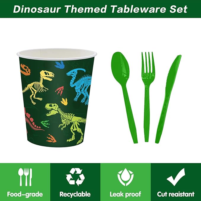 140pcs Dinosaur Birthday Party Supplies, Disposable Tableware Set with Plates, Cups, Napkins, and Cutlery Sets for Dinosaur Themes Party Serves 20