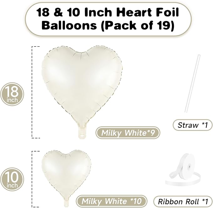 Cream Heart Balloons, 19PCS Cream White Heart Shape Balloons, 18Inch with 10Inch Nude Neutral Helium Foil Balloon Love Balloon for Birthday White Wedding Valentines Anniversary Decorations
