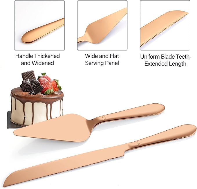 Wedding Cake Knife and Server Set, Integral Stainless Steel Longer Cake Cutter and Wider Pie Spatula, Elegant Cake Cutting Serving Set for Party Birthday Christmas Bridal Shower Set of 2, Rose Gold