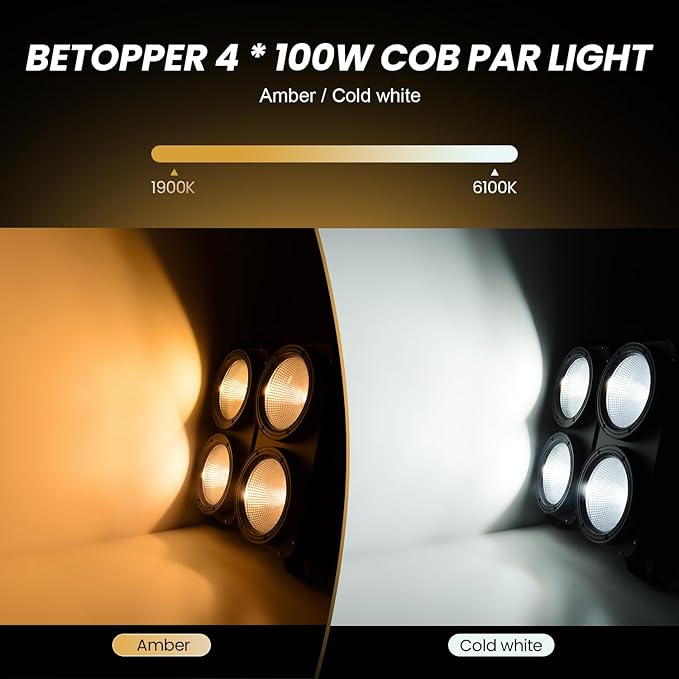 Betopper 4x100w Blinder Stage Spotlight,Cob Led DMX Satge Lights,4 Eye Matrix Par Lights'for Stage Lighting,Cold White+Amber Color Party Lighting'Dj Disco Light for Wedding Photostudio Theater