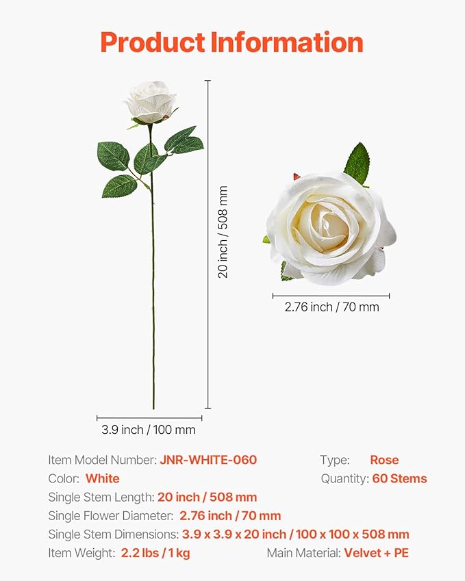 VEVOR Artificial Flowers, 60 pcs Real Looking White Foam Fake Roses Bulk, White Faux Bridal Shower with Stems for DIY Wedding Bouquets, Home Centerpieces Arrangements, Party Tables Decorations