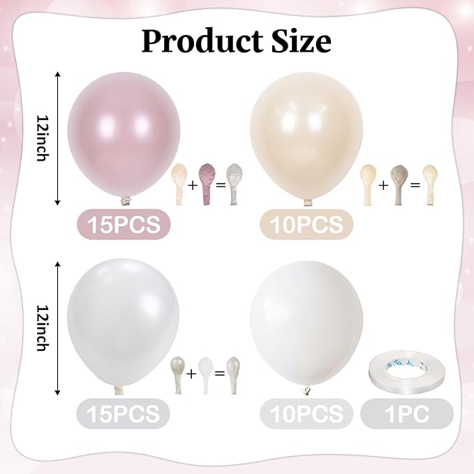 Double Stuffed Pearl White and Pink Balloons, 50pcs Double Stuffed Pearl Sand White Dusty Retro Pink Latex Balloons for Women Girls Boho Birthday Party Baby Shower Bridal Shower Wedding Engagement