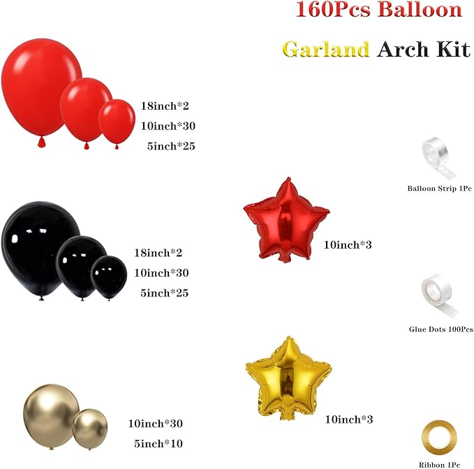Red Gold Black Balloon Garland Arch Kit, 160Pcs Black Red Gold Latex Balloons with Star Foil Balloons for Anniversary Casino Night Hollywood New Years Movie Night Birthday Party Decorations