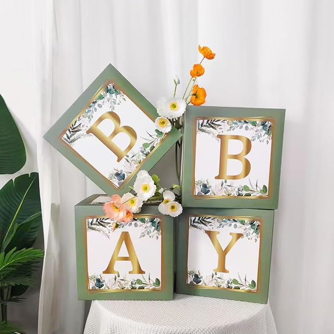 Quanbin Packaging Baby Boxes, Set of 4 Pcs Balloon Boxes with Gold Letters, Hawaiian Jungle Love Element Birthday Party Decoration Box for Baby Shower