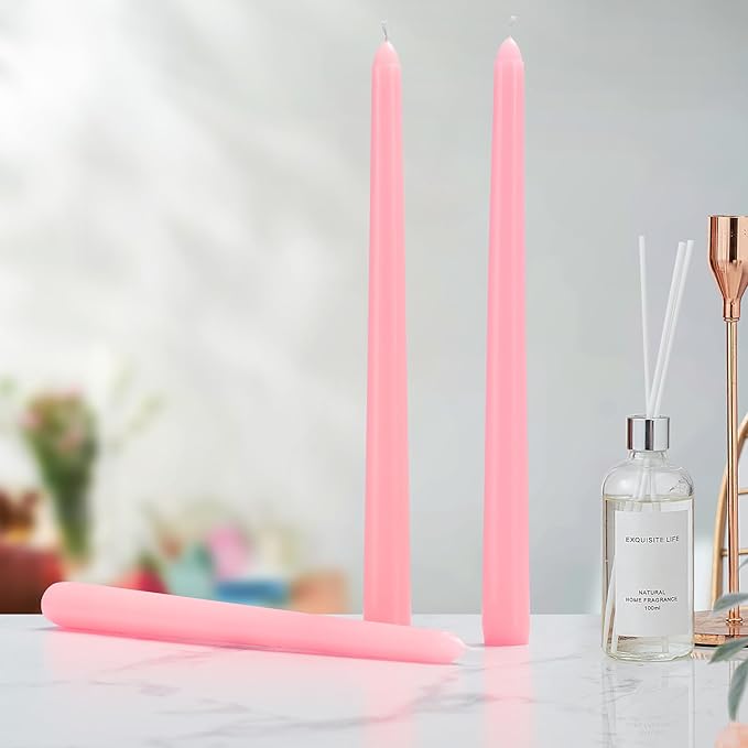 12 Pack Pink Taper Candles - Taper Candles 10 Inch Dripless, Smokeless & Unscented - 8 Hours Long Burning - Tall Candlesticks - Ideal for Weddings, Dinner Parties, Home Decor, Birthday Party