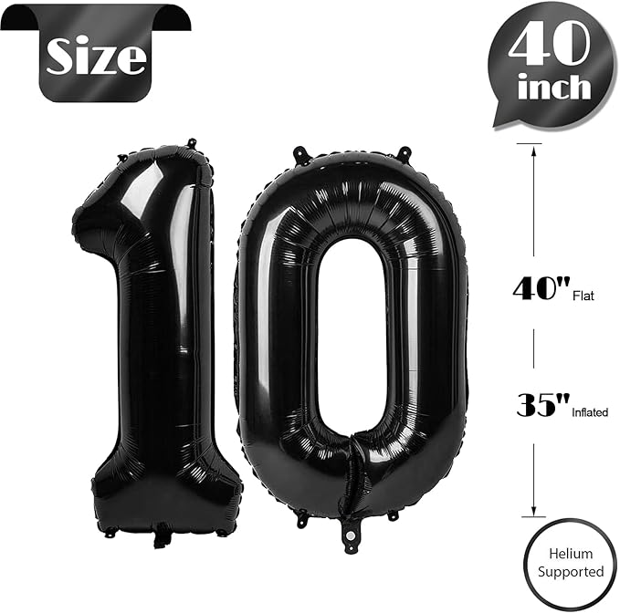 10 Balloon Number, Black Number 10th Birthday Balloons 40 Inch, 10 Years Old Black Birthday Decorations for Boys Girls, 10th Anniversary Decorations