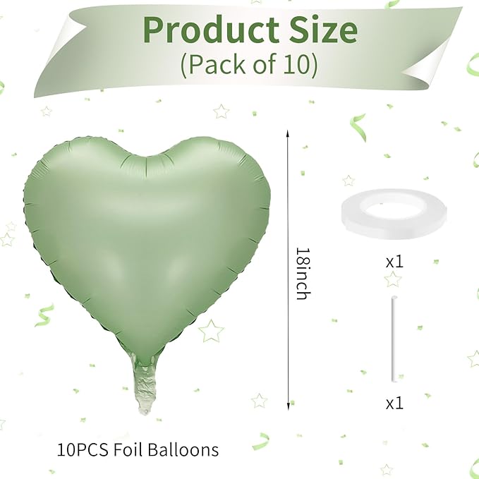 Sage Green Heart Balloon, 10PCS Green Foil Heart Balloons, 18inch Olive Green Heart Shape Balloons for Helium Birthday Party Decorations for Jungle Brithday Party, Valentines Day, Wedding, Anniversary