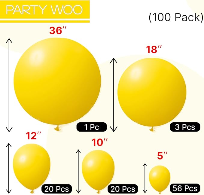 PartyWoo Yellow Balloons 100 pcs Different Sizes of 36 18 12 10 5 Inch Matte Light Yellow Latex Balloon Arch Kit Garland for Easter Bee Baby Shower Sunflower Birthday Graduation Decorations Yellow-Y55