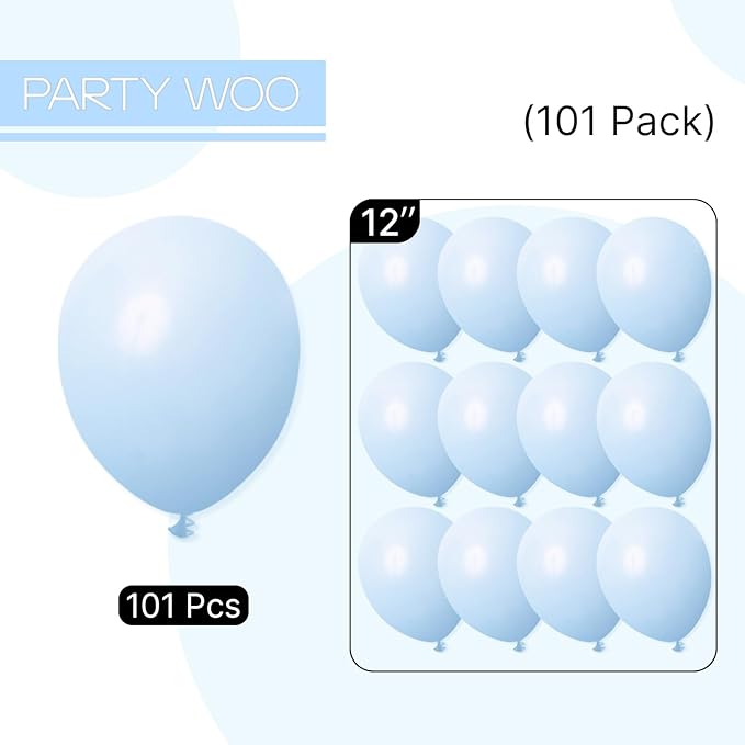 PartyWoo Baby Blue Balloons 101pcs 12 Inch Light Pastel Sky Aqua Blue Balloons for Graduation Baby Shower Gender Reveal Weddings Easter Birthday Bachelorette Anniversary Party Decorations Blue-Q13