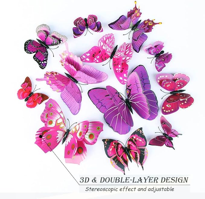 Butterfly Wall Decor 24/48 PCS, 3D Butterflies Stickers for Party Decorations with Magnets (Purple, 48)
