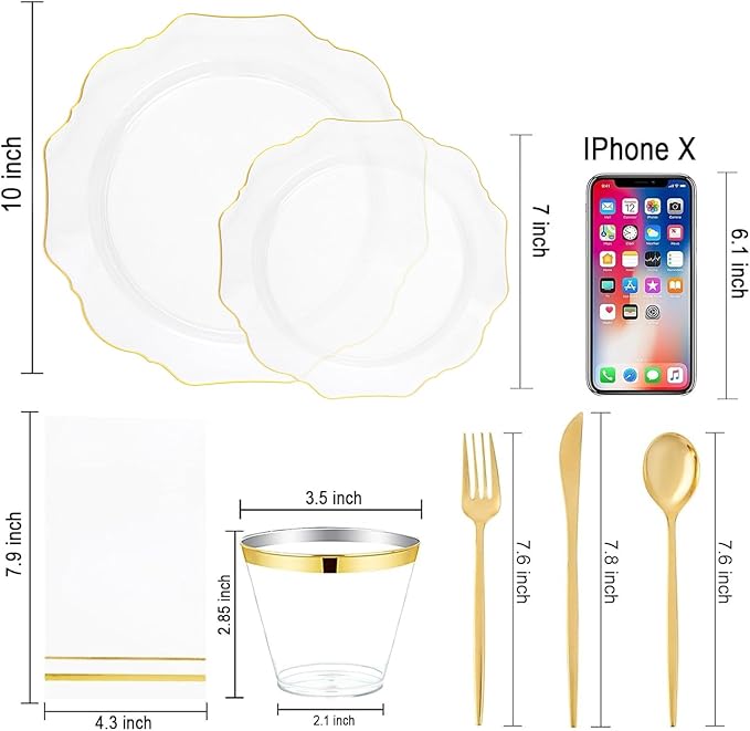 WDF 350Pcs Clear and Gold Plastic Plates - Heavy Duty Clear Plates Disposable - Gold Dinnerware Sets of 100 Plastic Plate 150Silverware 50 Cups 50 Napkins for Wedding/Party/Thanksgiving