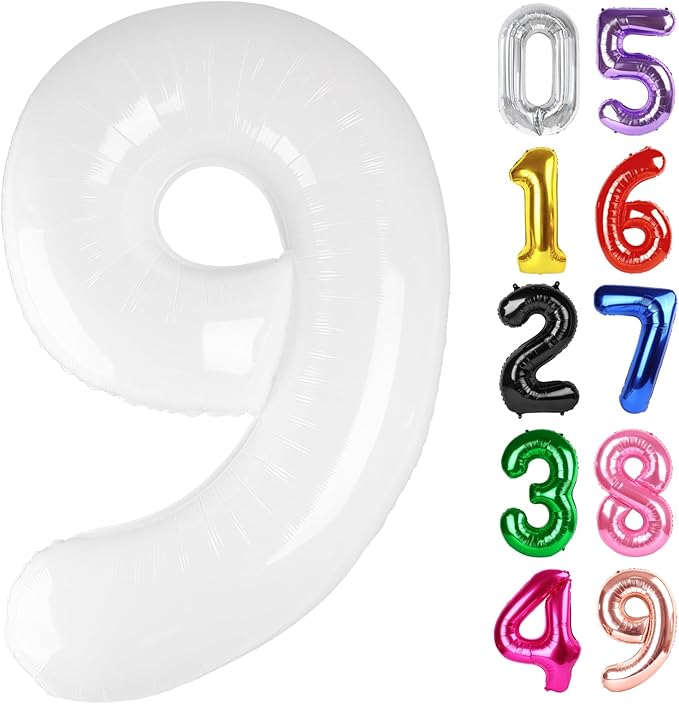 White Number 9 Balloon 40 Inch, 9th Birthday Party Decorations for Children, Giant 9 Foil Balloon for Party Supplies