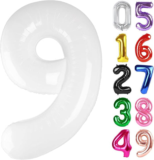 White Number 9 Balloon 40 Inch, 9th Birthday Party Decorations for Children, Giant 9 Foil Balloon for Party Supplies