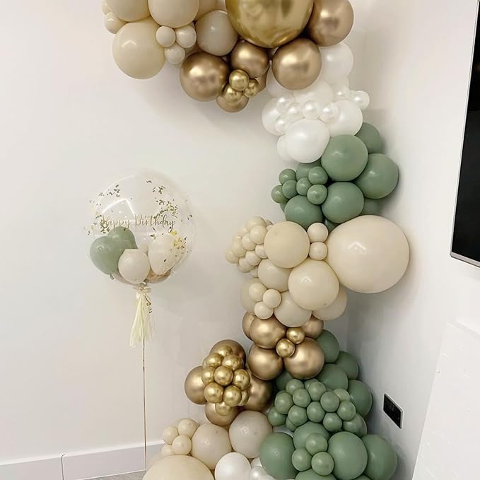 Dusty Green White Gold Balloons, 50pcs Sage Olive Green Metallic Champagne Gold White Latex Balloons for Wedding Engagement Birthday Baby Shower Eucalyptus Party Decoration Supplies