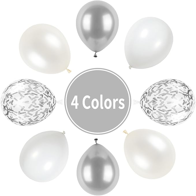 White and Silver Balloons, Metallic Silver and White Balloons Pearl White Silver Party Balloons Silver Confetti Balloons Chrome Latex Balloons for Kids Adults Birthday Wedding Baby Shower Graduation