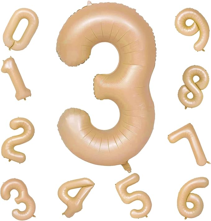 Apricot Number 3 Balloon for Girls Boys, 40 Inch Large Nude Number 0-9 Foil Balloons Set, Tan Digital 3 Balloons for Women Men Birthday Graduation Anniversary Party Decorations Celebration Supplies