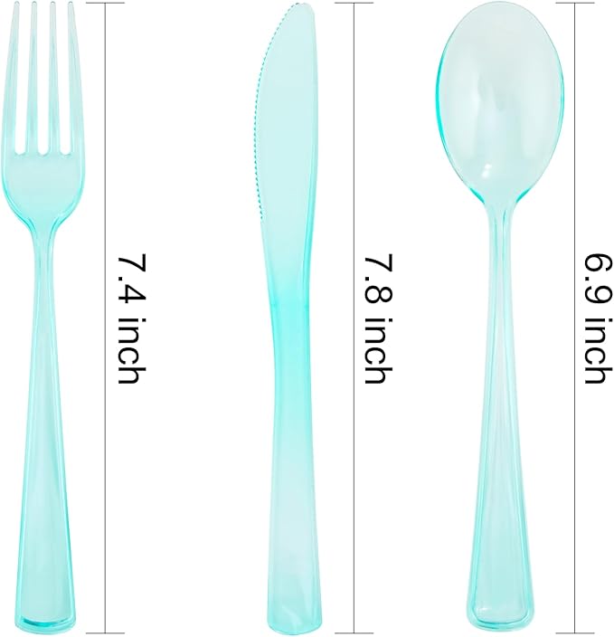 WDF 180 Pieces Green Plastic Silverware Disposable - Clear Green Cutlery Sets 60 Forks, 60 Knives and 60 Spoons - Heavy Duty Plastic Utensils for Party, Summner