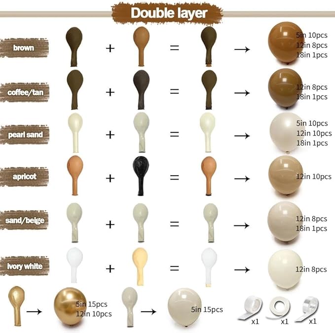Brown Balloon Garland Arch Kit Double Stuffed, Pearl White Sand Tan Coffee Beige Apricot Ivory Gold Neutral Balloon for Boho Baby Shower Fall Birthday Wedding Thanksgiving Party Decoration