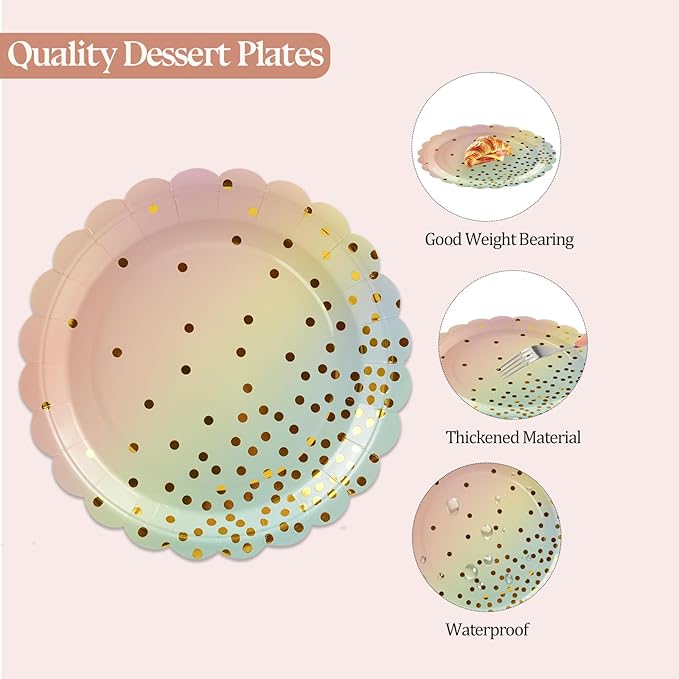 50PCS Colored Paper Plates and Napkins Set - Colourful and Gold Dot Disposable Party Tableware Dinnerware Set Party Supplies Decorations for Birthdays, Baby Shower, Weddings and Holidays