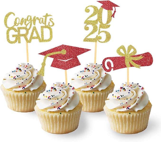 24Pcs Graduation Cupcake Toppers, Graduation Cupcake Picks for Cupcake Food Decorations - Class of 2025 Cupcake Toppers Supplies (Red Gold)