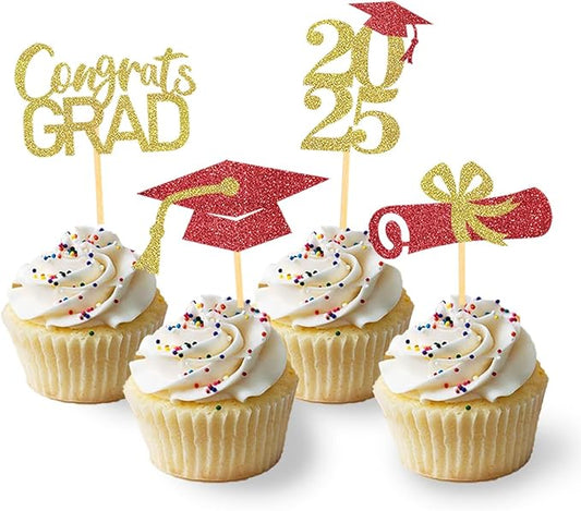 24Pcs Graduation Cupcake Toppers, Graduation Cupcake Picks for Cupcake Food Decorations - Class of 2025 Cupcake Toppers Supplies (Red Gold)