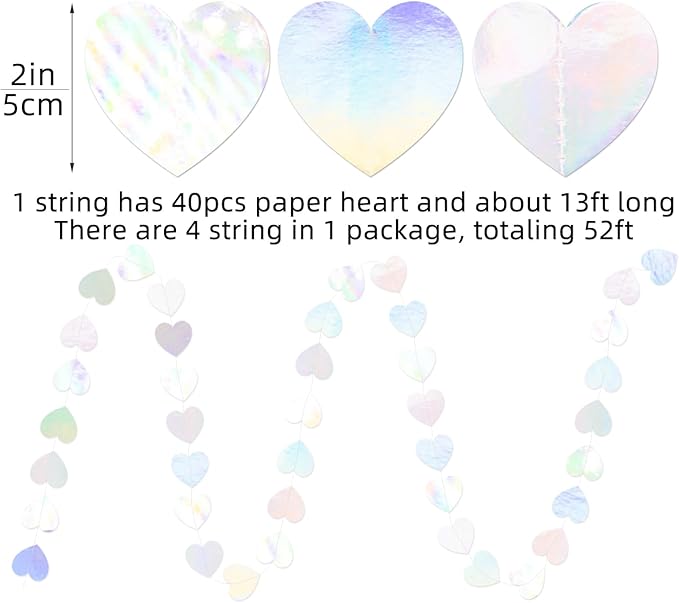 Iridescent Party Decorations - 52ft Paper Heart Garland Streamers Banner for Birthday Wedding Bachelorette Baby Shower Bridal Shower Engagement Valentines Day Hanging Decor HongTongTong