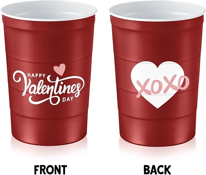 16 oz. Party Cups 'Happy Valentine's Day' Heart Design for Cold Drinks, Durable, Disposable, Recyclable, Made in USA, Red, 12 Count