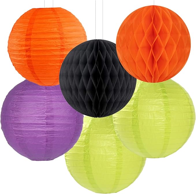 Black-Orange Purple Green Halloween Party-Decorations - 14pc Kit Paper Lanterns Fan,Tissue Flower Pom Poms Streamers,Honeycomb Balls,Birthday Supplie Wedding Baby Bridal Shower Decor Lasting Surprise