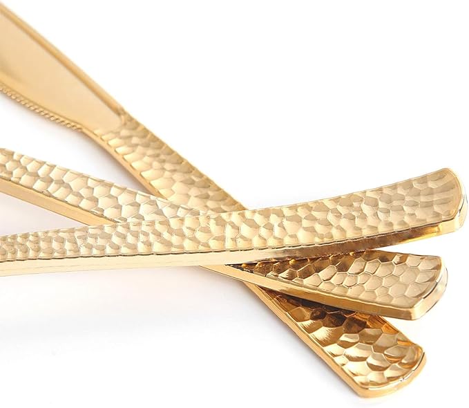 Nervure 300PCS Gold Hammered Plastic Silverware - Heavy Duty Plastic Cutlery - Gold Disposable Utensils Includes 100 Forks, 100 Knives, 100 Spoons Perfect for Wedding & Party