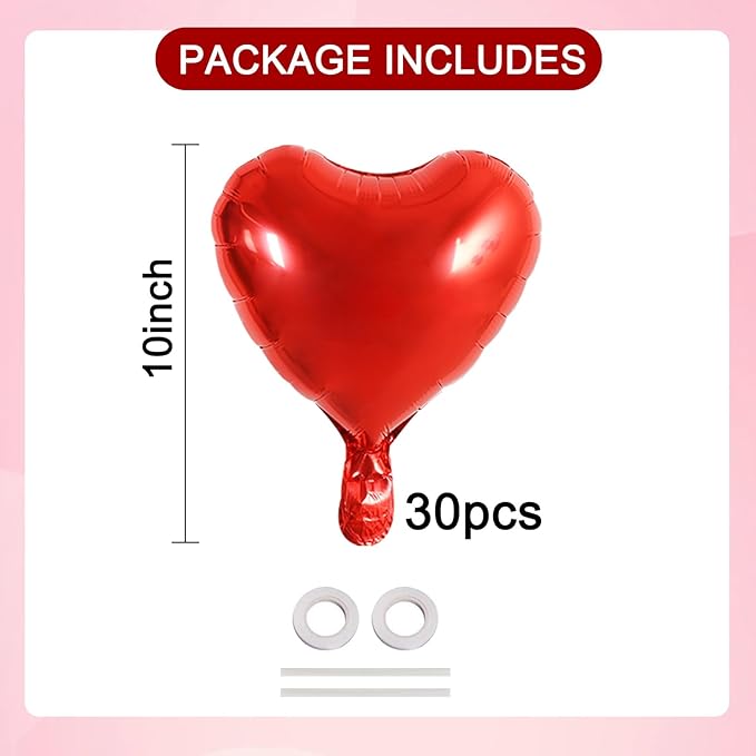 TONIFUL 30Pcs 10 Inch Red Heart Balloons Valentine’s Day Heart Shape Foil Mylar Balloons Decoration for Romantic Valentine's Day Wedding Bridal Shower Anniversary Engagement Party Supplies